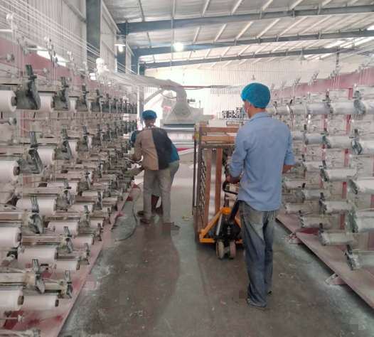 Workers between rows of circular looms